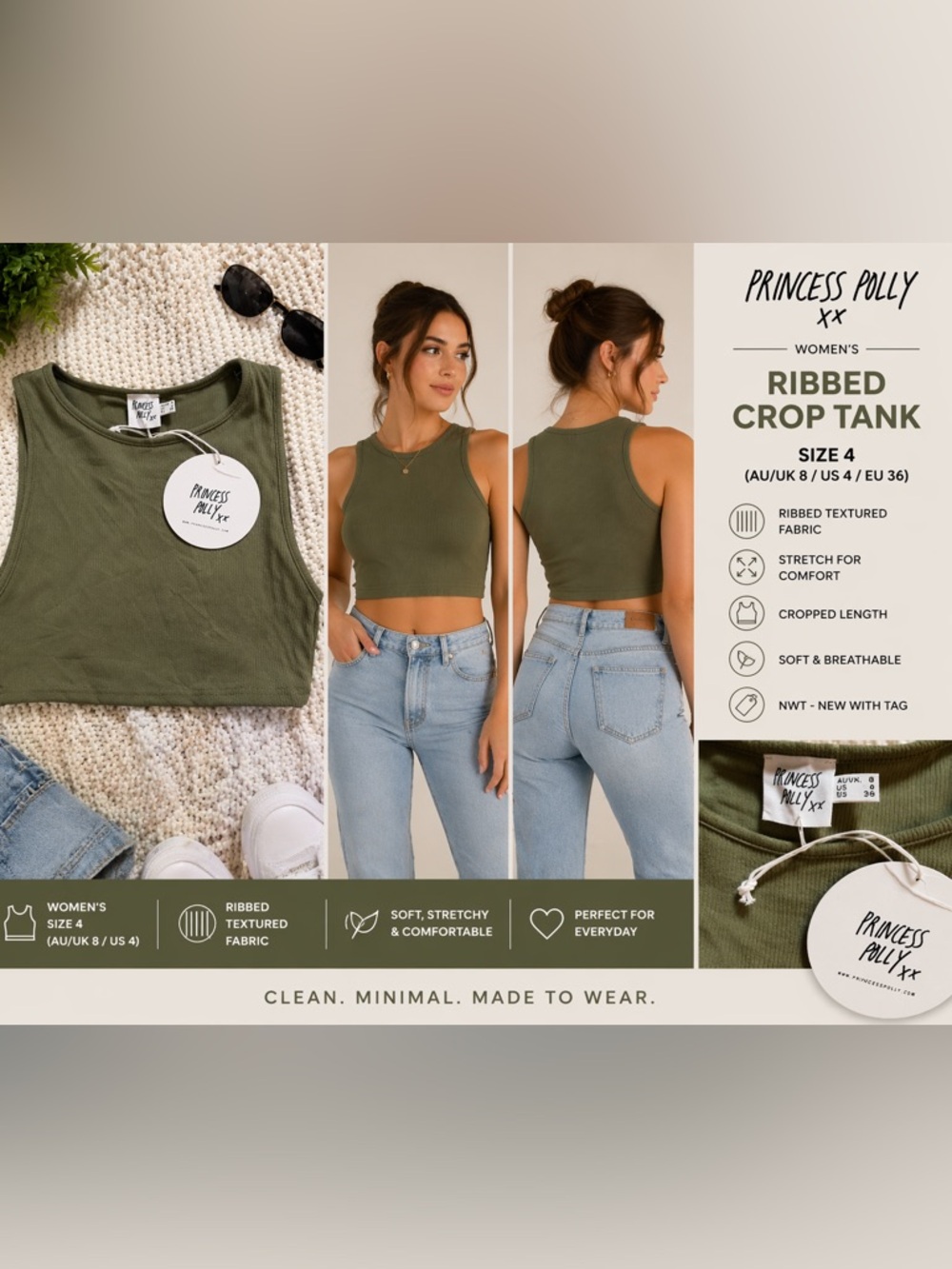 Princess Polly Olive Ribbed Crop Tank Sz 4 NWT | Fitted Minimal Basic